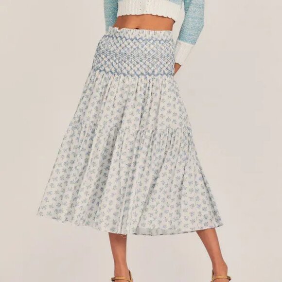 Womens LoveShackFancy Swift Blue White Floral Midi Dress XS - Picture 1 of 13